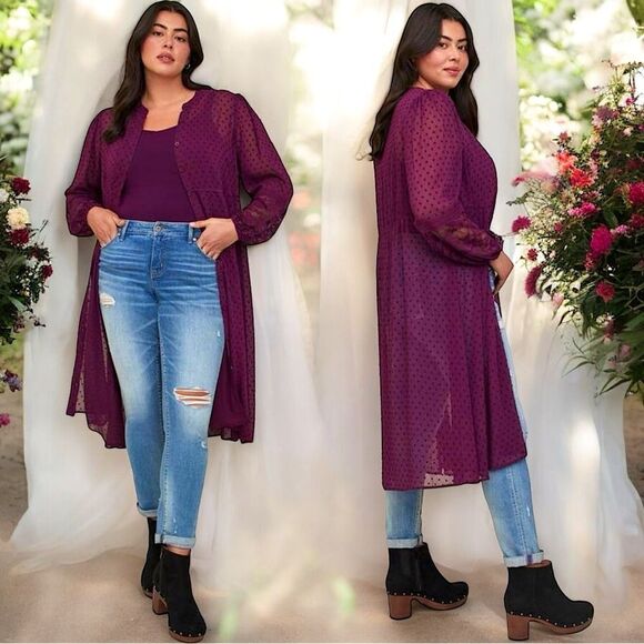 torrid Tops - Torrid Purple Clip Dot Button Front Maxi Kimono Size 2 2XL